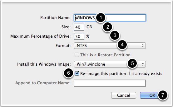 Configure the properties of the Winclone volume