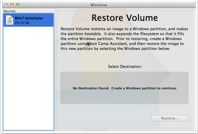 Drag winclone image to Winclone window sidebar.