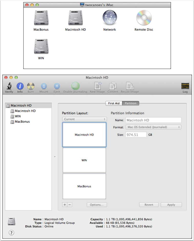 Finder Window and Disk Utility showing new partitions