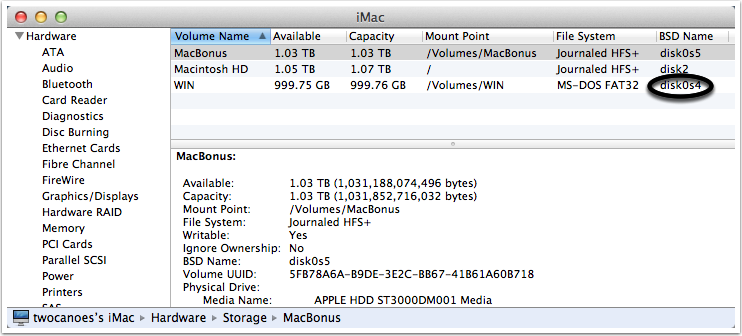 System Information screen shot showing partitions