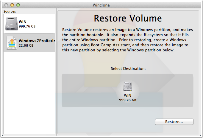 Winclone screen shot showing Restore Volume