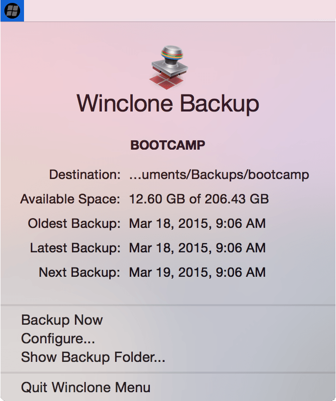 Winclone Scheduled Backup Dropdown Menu